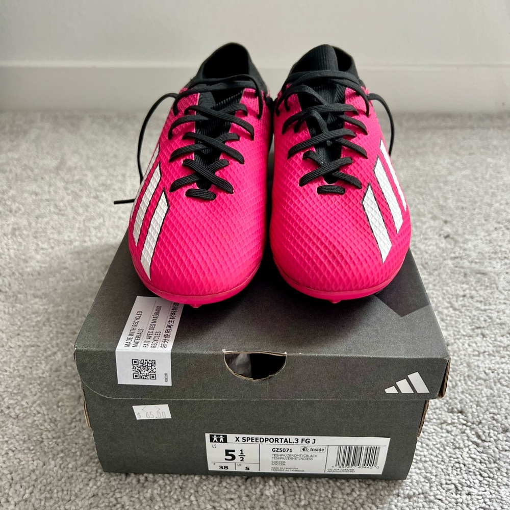 Adidas Kids Pink Soccer Cleats with White Stripes